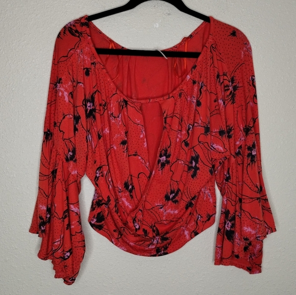 Free People Last Time Orange Print Surplice Bell Sleeve Crop Top Size Medium - Picture 2 of 8